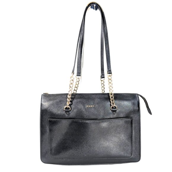 DKNY Black Faux Leather PVC Chain Strap Large Tote Bag - Picture 1 of 8